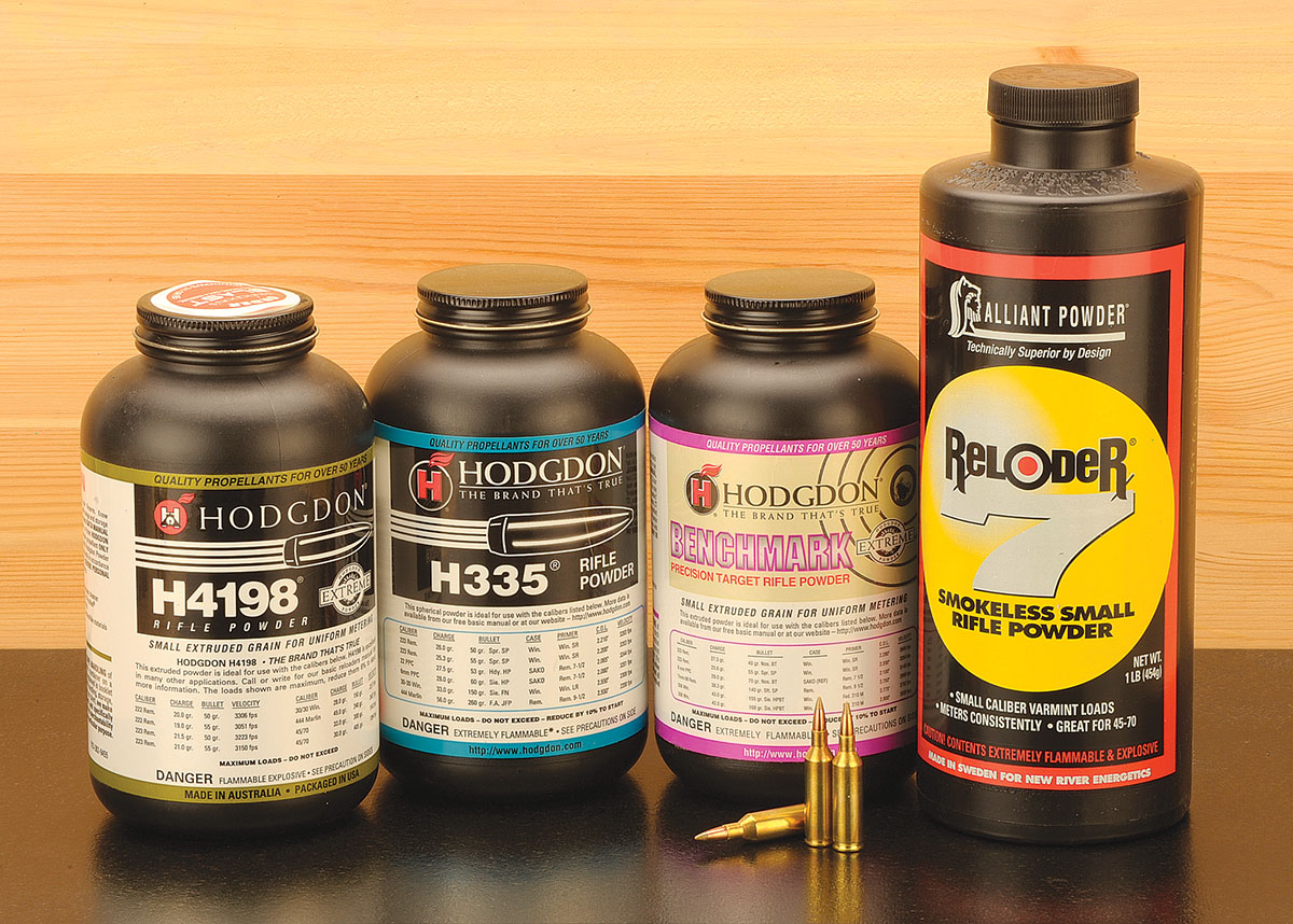 These four powders were used for reloading the 17 Remington Fireball (left to right): H-4198, H-335, Benchmark and Reloder 7.